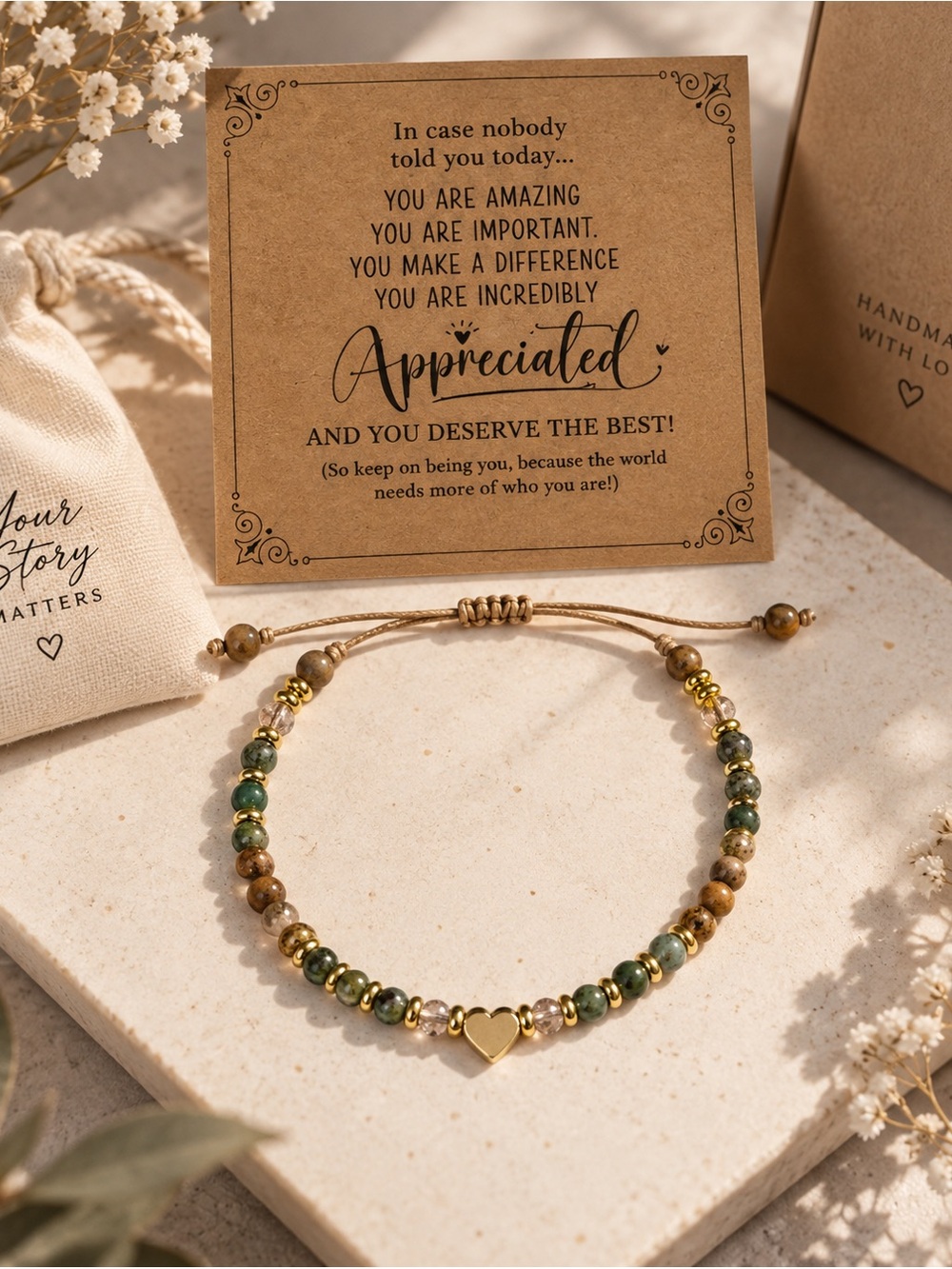 Handmade Green and Gold Beaded Heart Bracelet - Adjustable Women’s Jewelry